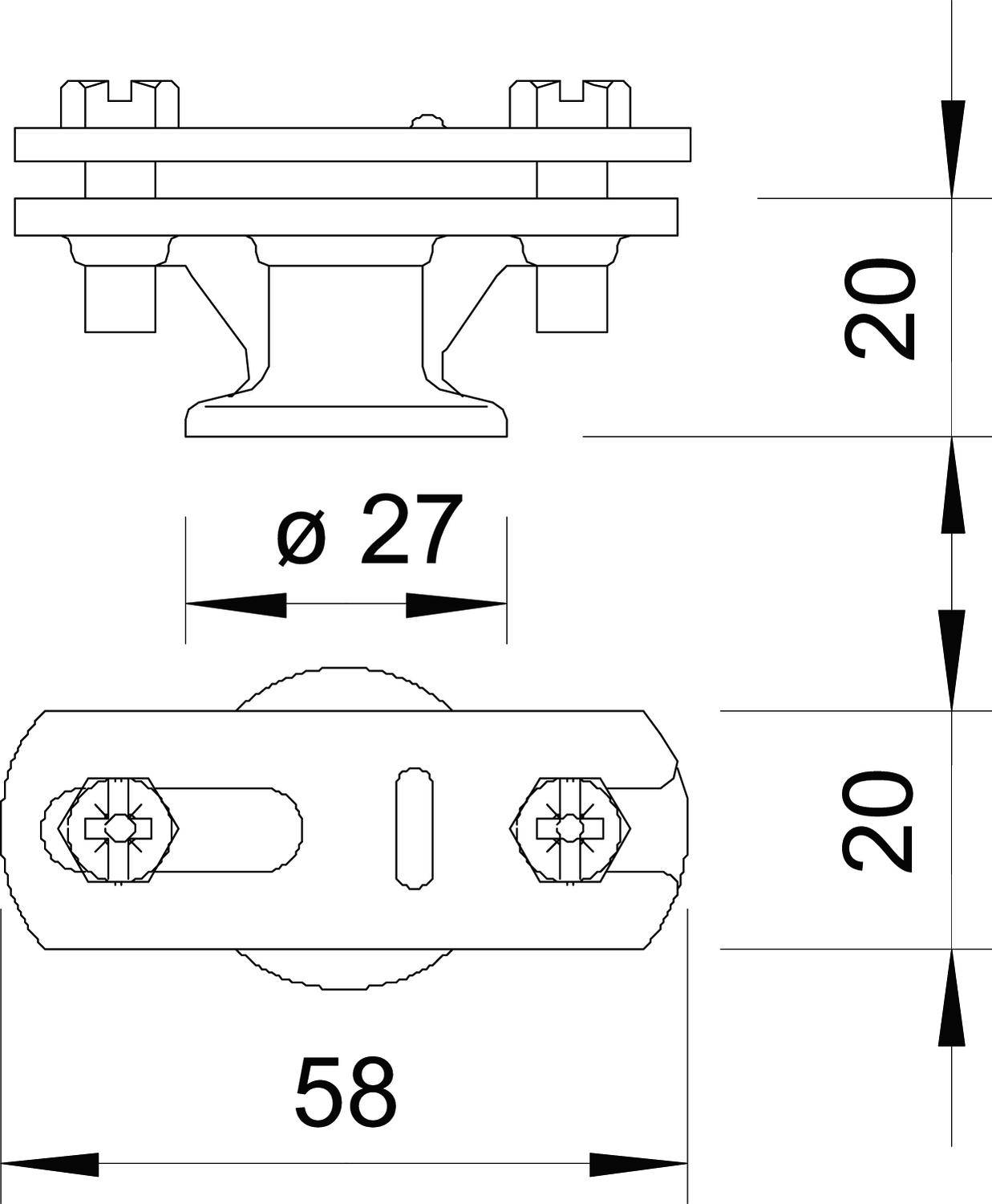 Technische Zeichnung eines runden Bauteils mit Durchmesser 27 mm, zwei Befestigungslöchern, Gesamthöhe 40 mm, Breite 58 mm.