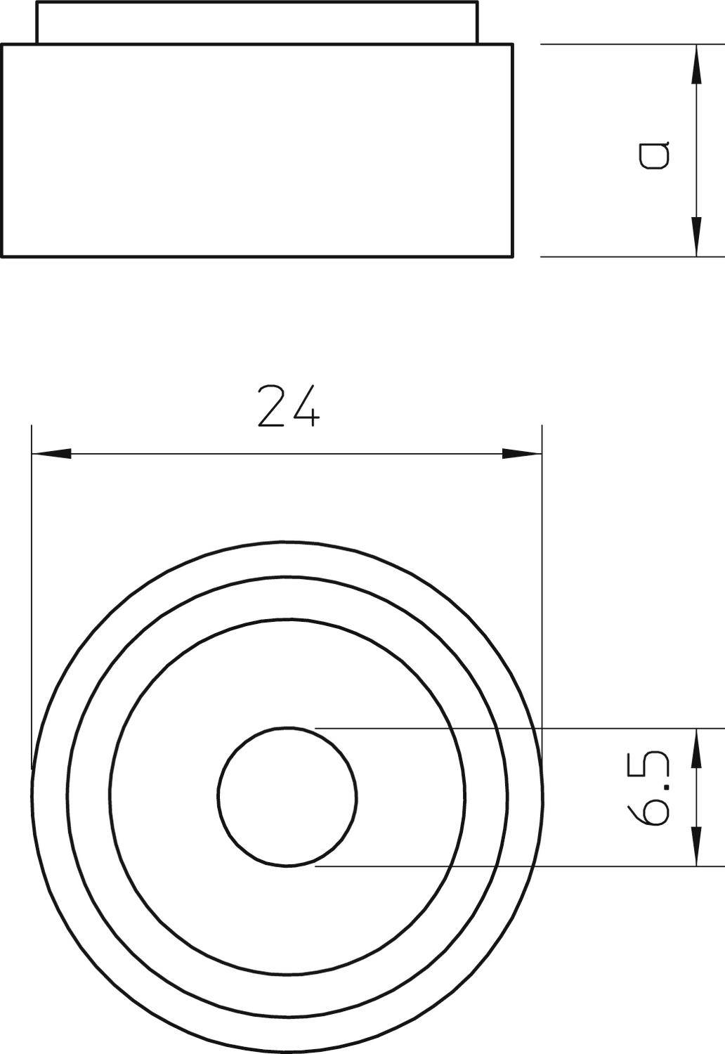 Technische Zeichnung eines zylindrischen Teils mit Front- und Seitenansicht. Durchmesserangabe ist 24, Höhe 6,5.