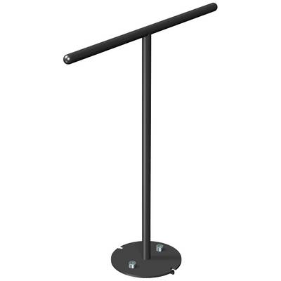 Schwarze, T-förmige Halterung aus Metall zum Aufstellen, mit rundem Standfuß und Befestigungsschrauben, oft für Schilder oder Displays.