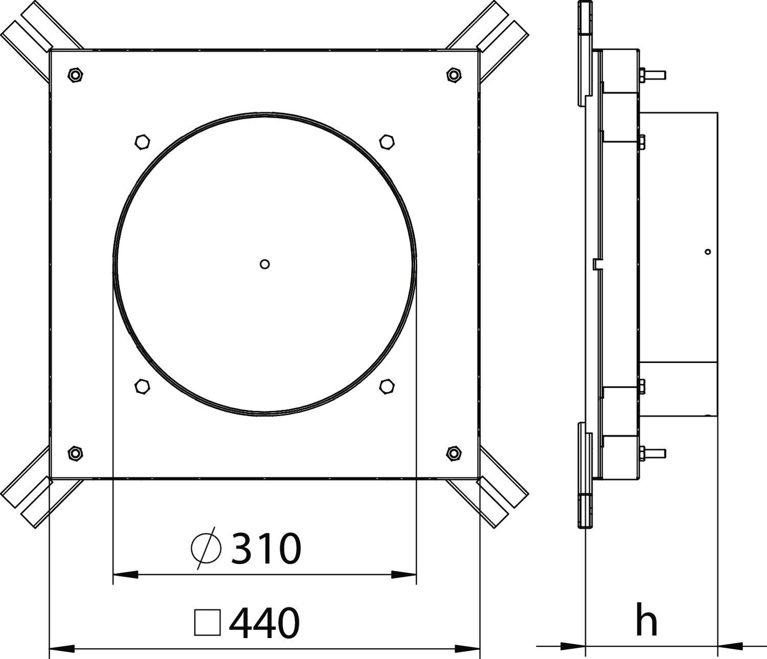 Technische Zeichnung eines quadratischen Lüftungselements mit den Maßen 440 mm und einem kreisförmigen Durchmesser von 310 mm.