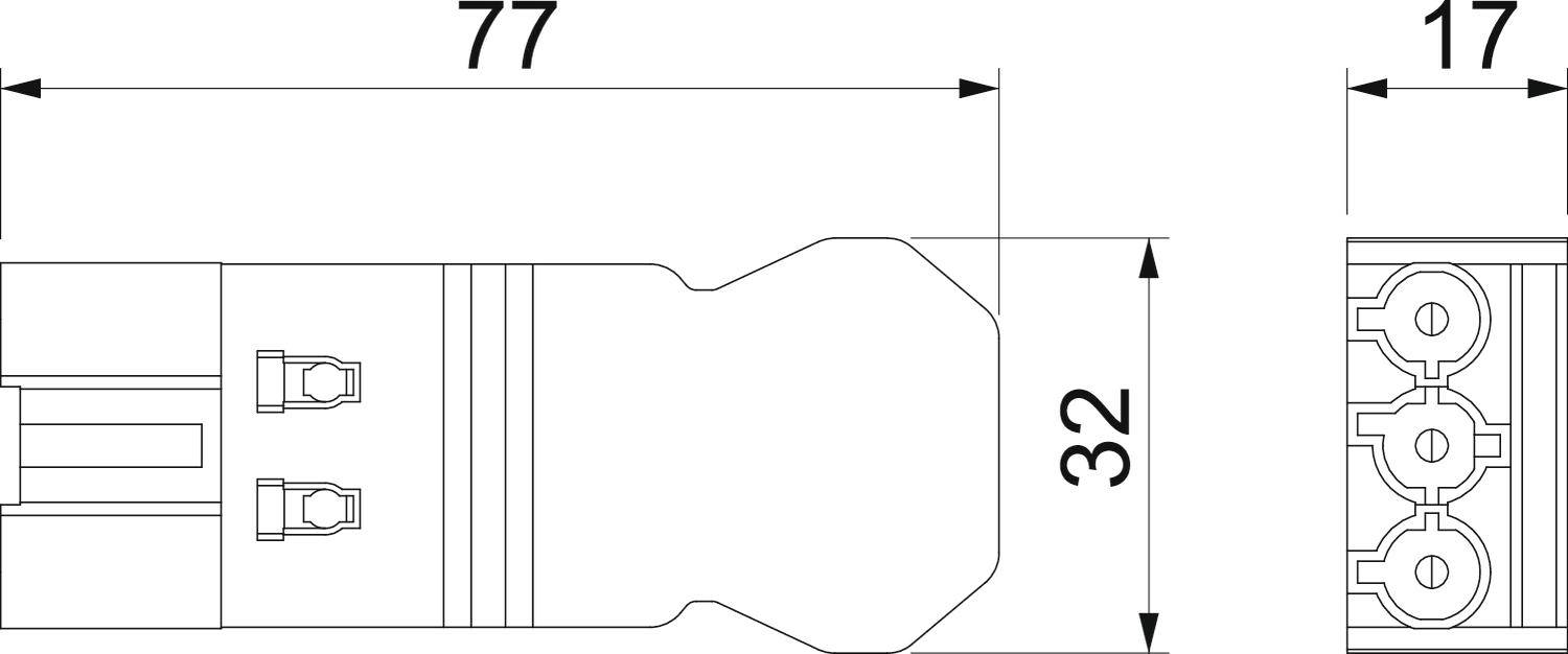 Technische Zeichnung eines Steckverbinders mit Maßen: Länge 77 mm, Breite 17 mm, Höhe 32 mm, zeigt Details der Anschlüsse.