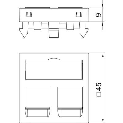 Diagramm eines rechteckigen Schalters mit zwei Kippschaltern. Maßangaben: Breite 45 mm, Höhe 9 mm.