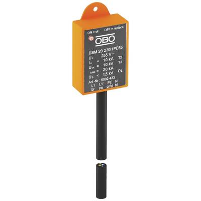 Oranges Gerät mit schwarzem Gehäuse, Aufschrift 'OBO'. Technische Details für elektrische Komponenten auf Vorderseite.