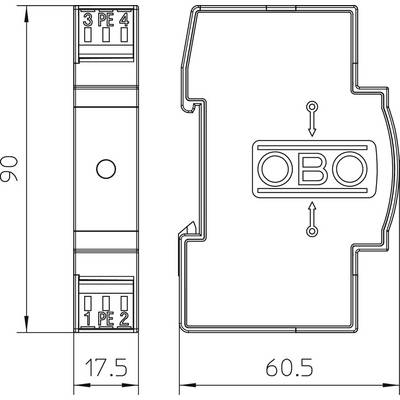 Technische Zeichnung eines elektrischen Gerätes mit Abmessungen: Höhe 90 mm, Breite 17,5 mm. Beschriftet mit 'OBO'.