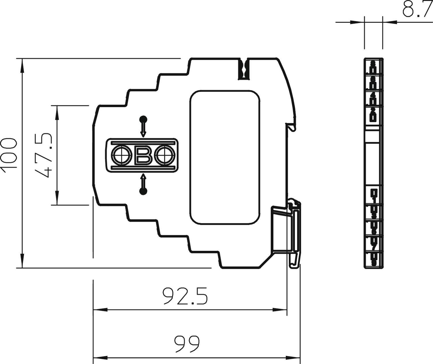 Technische Zeichnung eines Geräts mit Abmessungen: 100 mm hoch, 8,7 mm tief, 92,5 mm lang. Zeigt Front- und Seitenansicht.