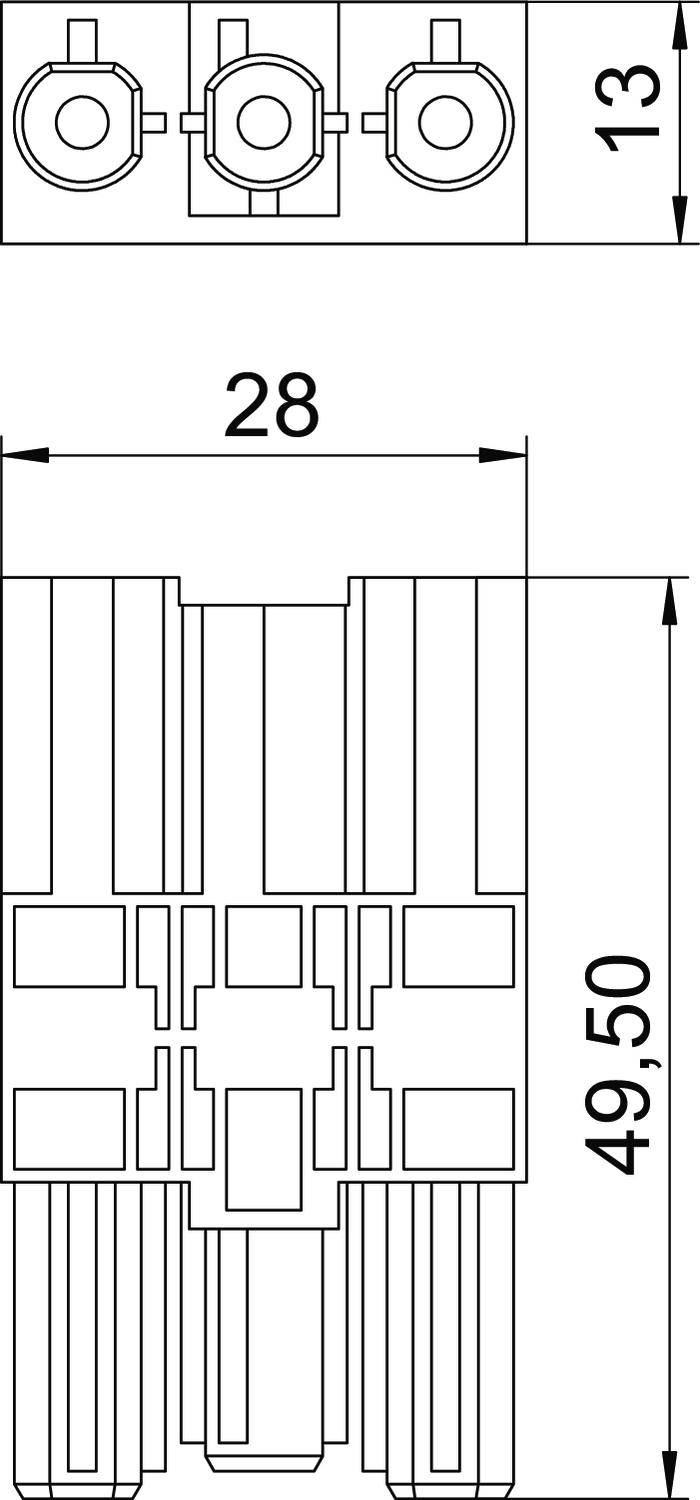 Technische Zeichnung eines elektrischen Anschlussblocks mit den Maßen 13 mm, 28 mm und 49,5 mm.