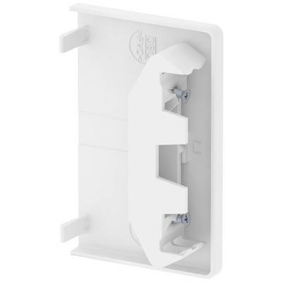 Montageadapter aus weißem Kunststoff mit Schrauben, geeignet für die Installation von elektrischen Komponenten an der Wand.