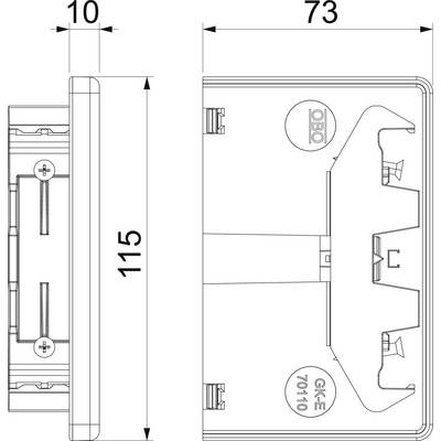 'Technische Zeichnung einer rechteckigen Abdeckung mit den Maßen 115 x 73 x 10 mm. Seitliche und frontale Ansicht mit Befestigungsdetails.'