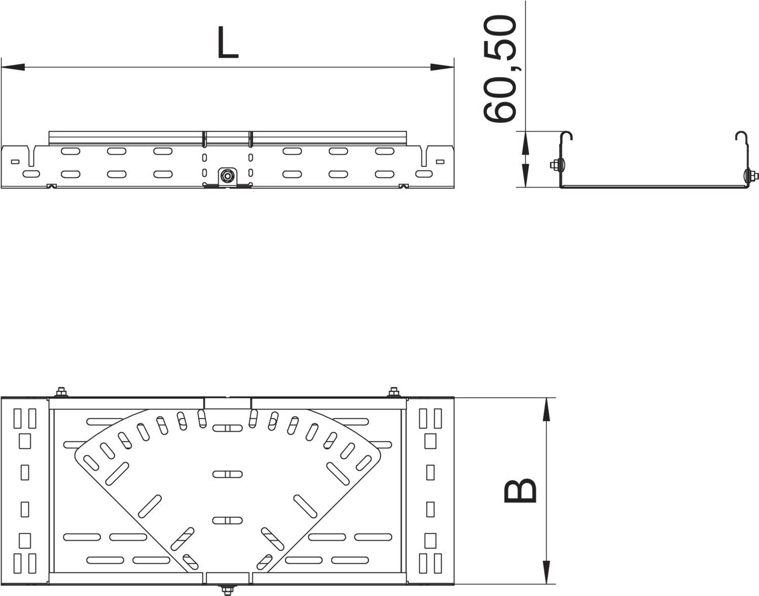 Technische Zeichnung einer Halterung mit den Maßen Höhe: 60,50 mm, Länge: L, Breite: B. Zeigt Vorder- und Seitenansicht.