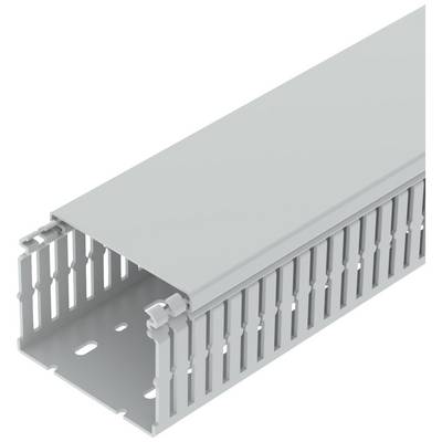 Ein grauer Kabelkanal mit seitlichen Schlitzen und abnehmbarem Deckel, geeignet zur Organisation und Schutz von Kabeln.