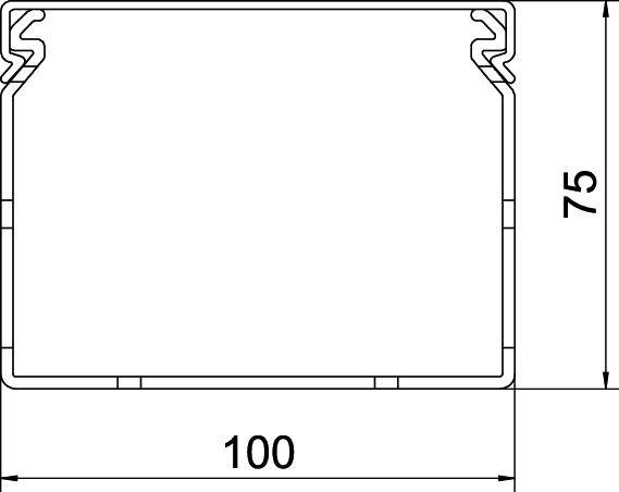 Technische Zeichnung eines rechteckigen Kabelkanalquerschnitts mit den Maßen 100 mm Breite und 75 mm Höhe.