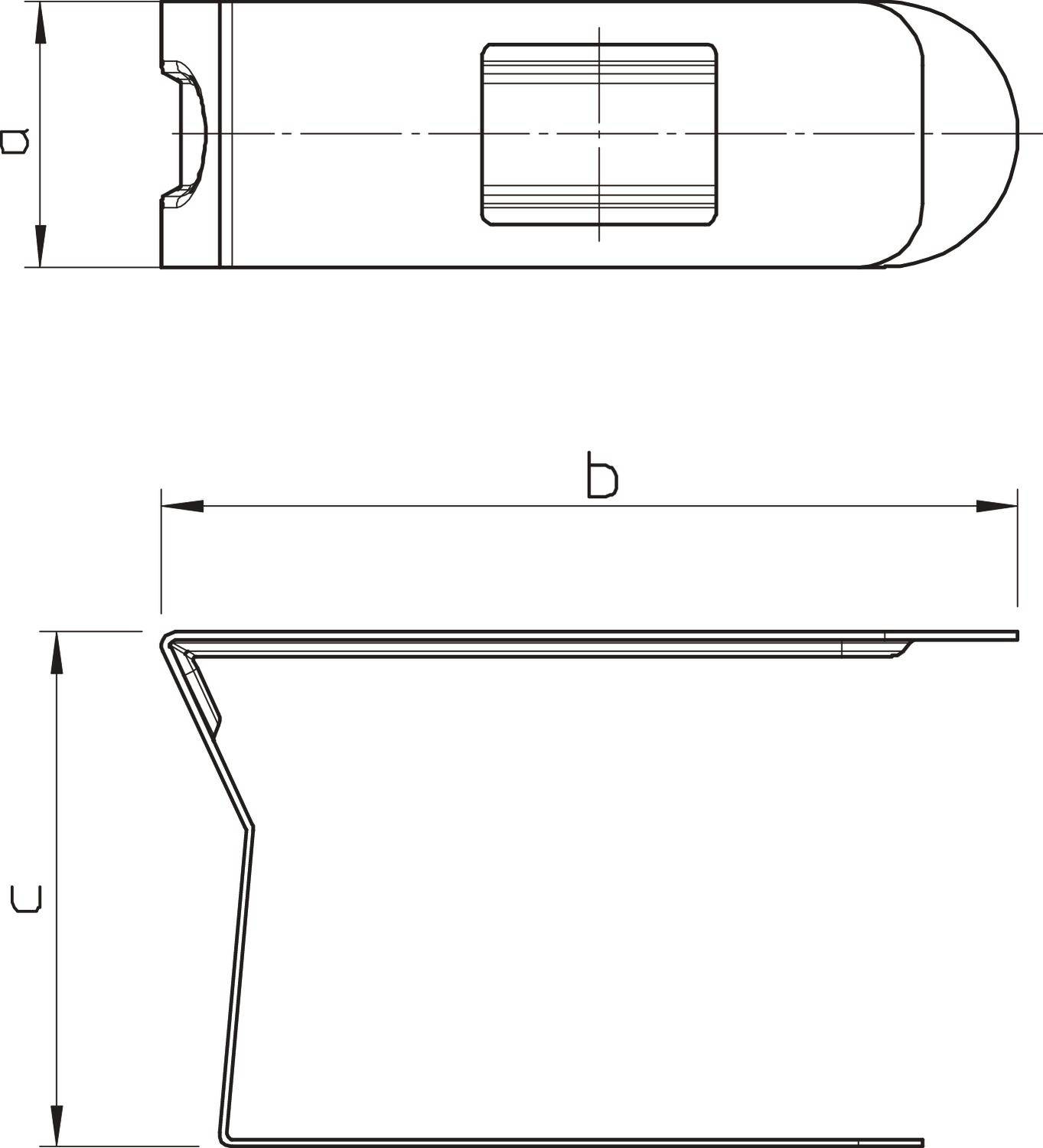 Technische Zeichnung eines Bauteils, seitliche und obere Ansicht. Abmessungen mit Buchstaben 'a', 'b', 'c' gekennzeichnet. Linien und Maße dargestellt.