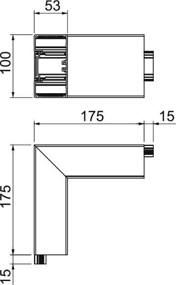 Technische Zeichnung eines Winkelleuchtgehäuses mit Maßen: 100x53mm Breite, 175mm Länge, und 15mm Dicke.