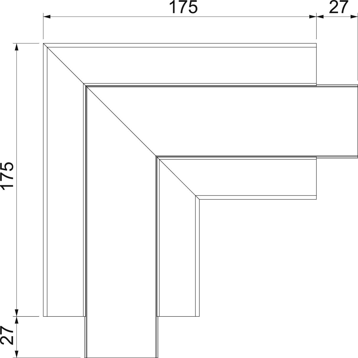 Technische Zeichnung zeigt ein L-förmiges Objekt mit den Maßen 175x175 mm und einer Breite von 27 mm.