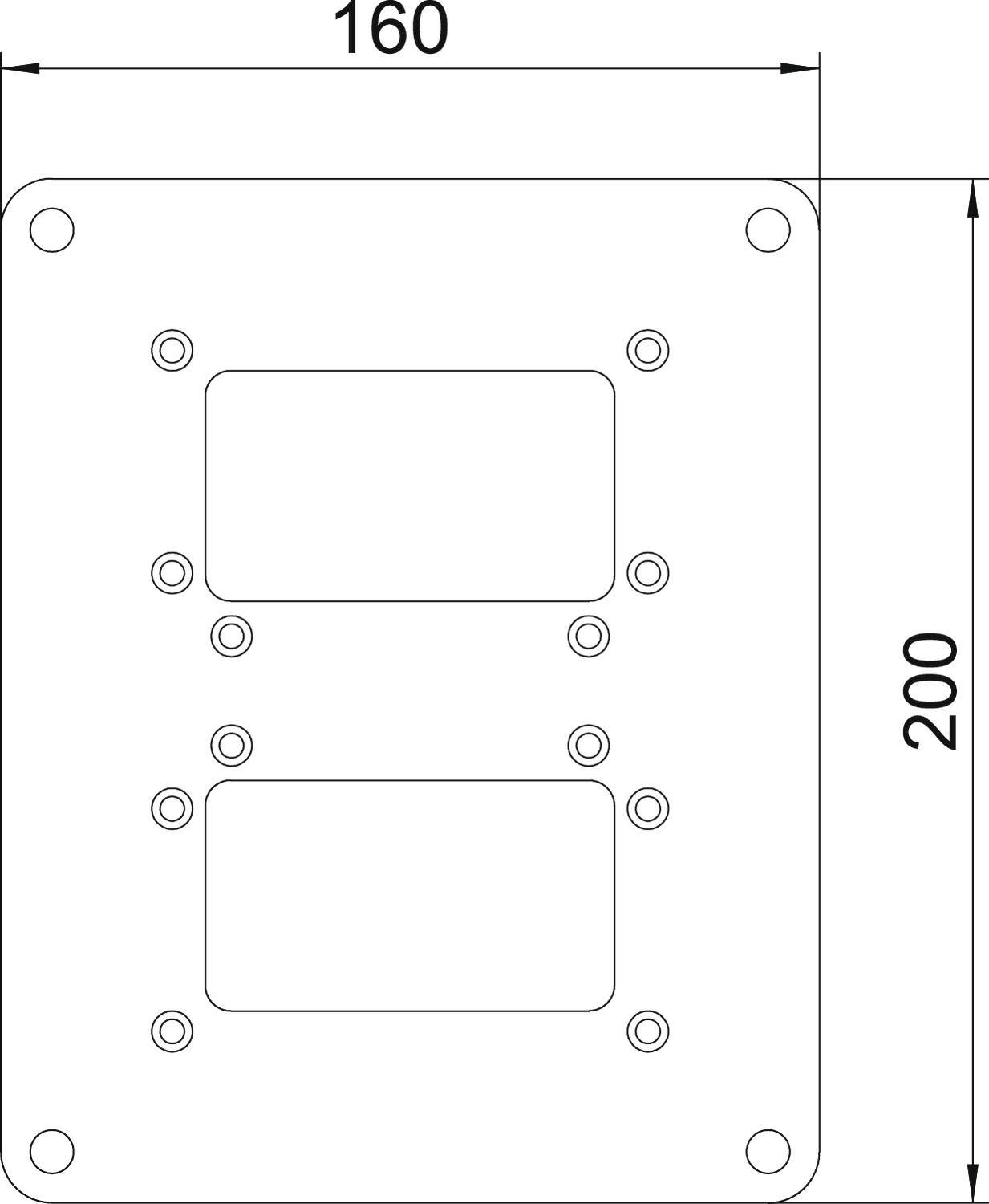Abbildung zeigt eine technische Zeichnung einer rechteckigen Platte mit den Maßen 160 x 200 mm und mehreren Bohrlöchern.