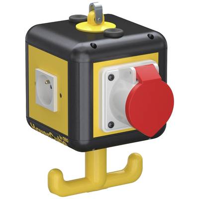 Ein schwarzes und gelbes elektrisches Gehäuse mit zwei Steckdosen und einem roten Schalter, darunter ein gelber Haken.