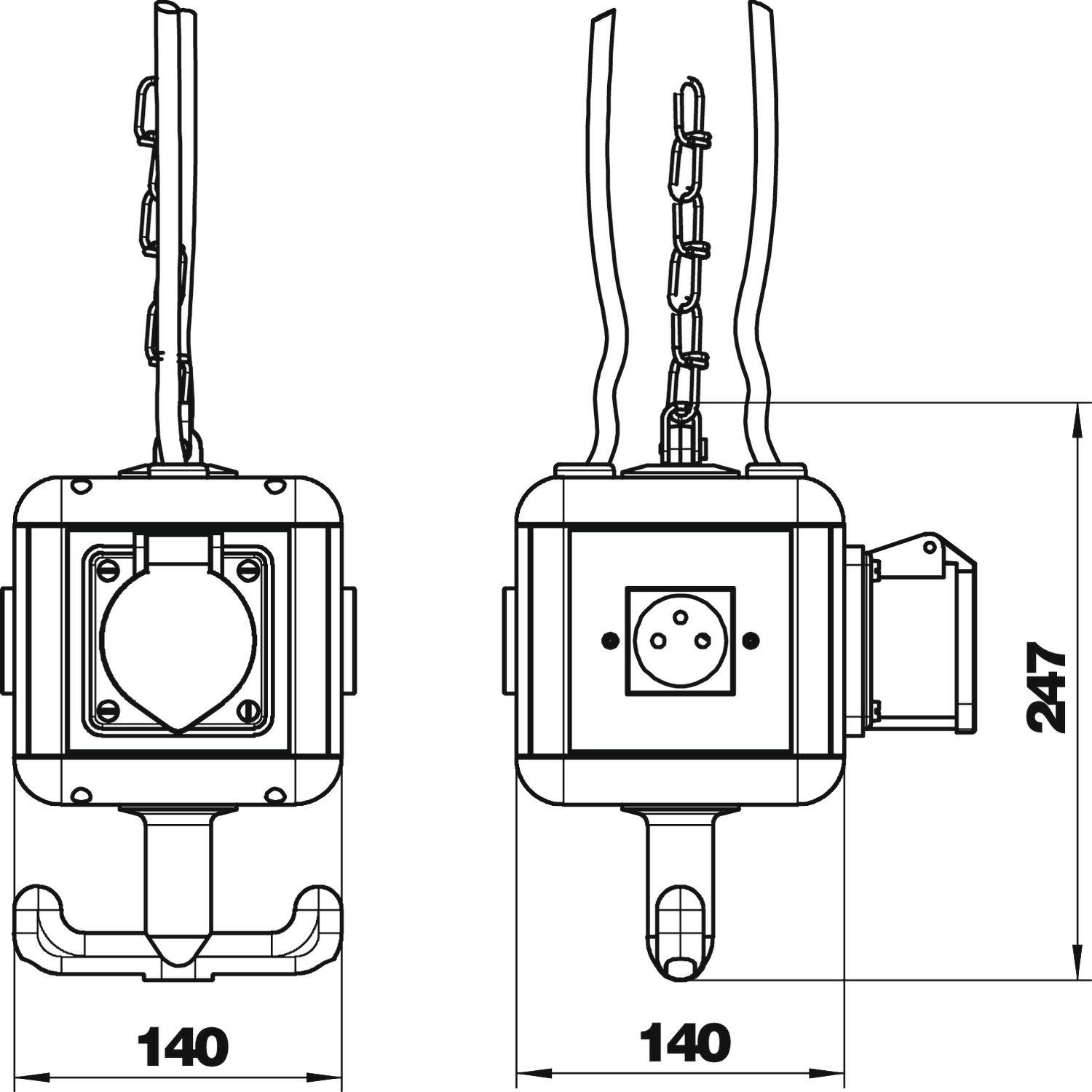 Technische Zeichnung eines Geräts mit Ketten und Haken, Maße: 140x247 mm. Ansicht von vorne und der Seite, quadratische Form.