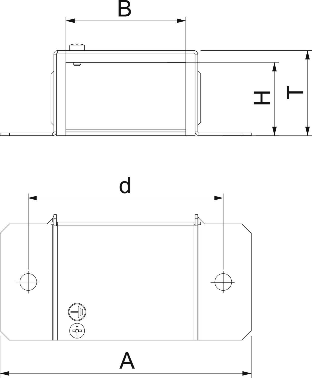 Technische Zeichnung eines rechteckigen Bauteils mit Maßen: Breite 'B', Höhe 'H', Gesamtlänge 'A', und Länge 'd'. Schraublöcher sichtbar.