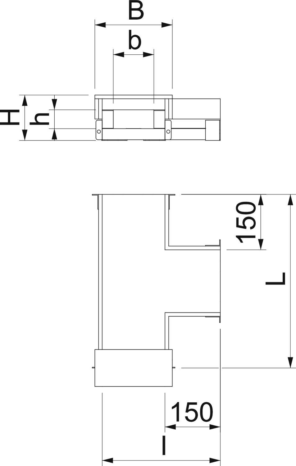Technische Zeichnung eines T-Stücks mit Maßen: Breite B, Höhe H, kleine Breite b, kleine Höhe h, Gesamtlänge L=150 mm, kleiner Abschnitt l=150 mm.