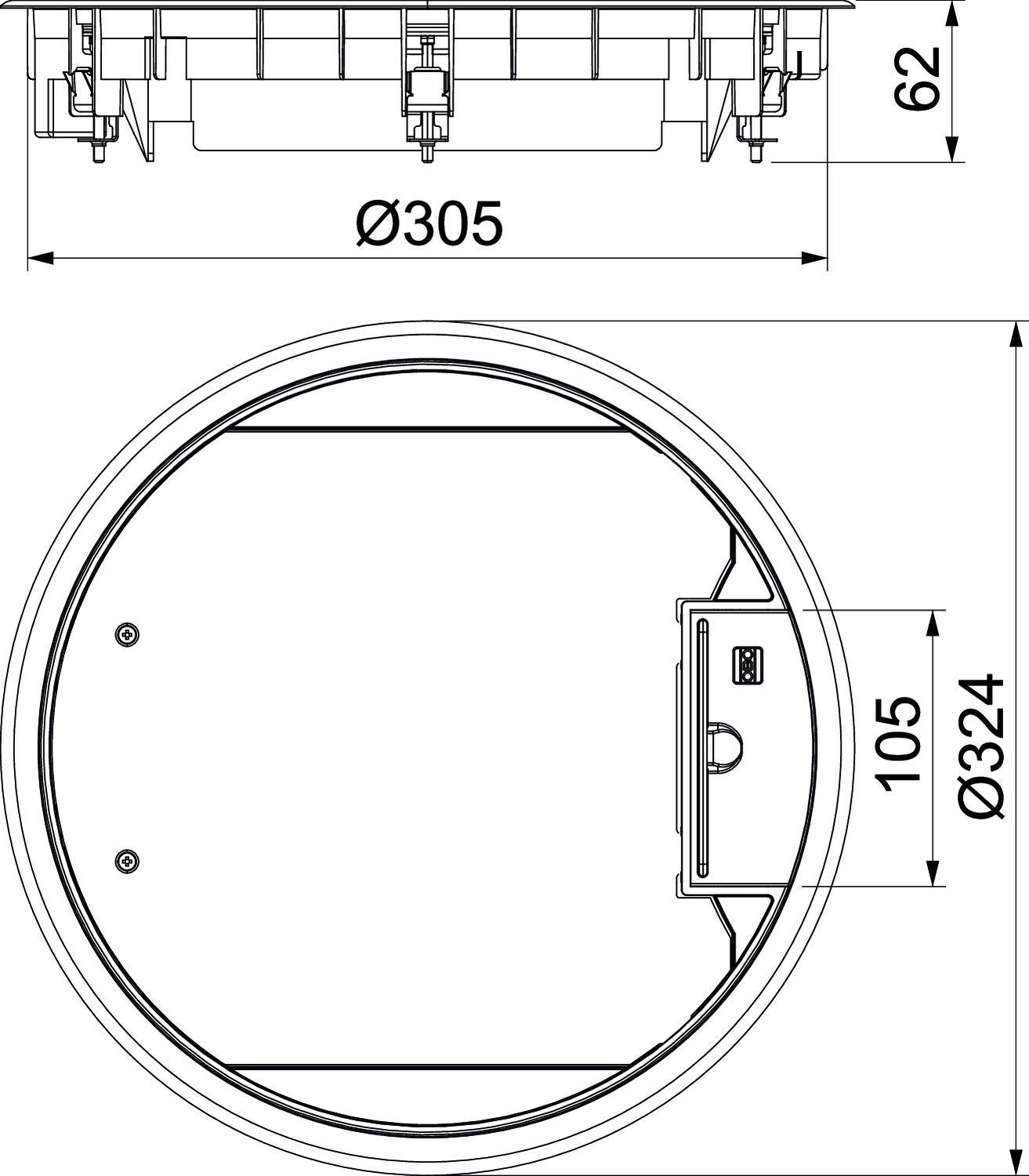 Technische Zeichnung einer runden Einbaulampe mit Maßen: Durchmesser 305 mm, Außendurchmesser 324 mm, Höhe 62 mm, Einbauraumhöhe 105 mm.