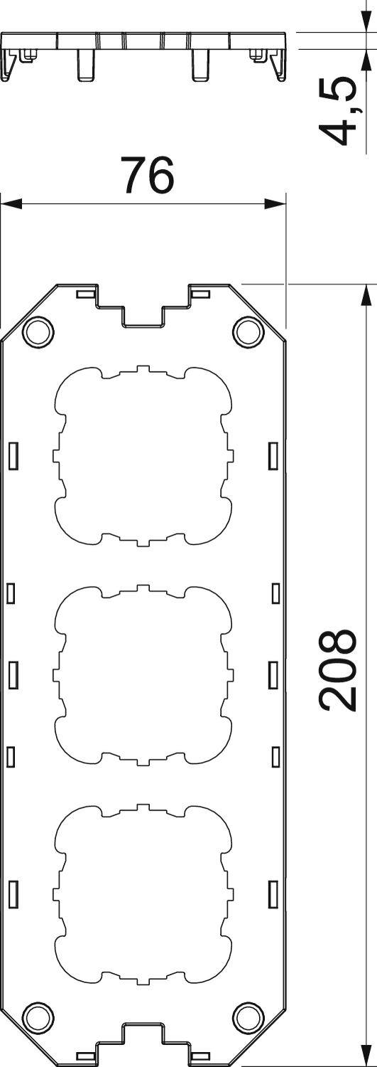Eine technische Zeichnung zeigt die Abmessungen einer rechteckigen Halterung mit drei gleich großen internen Ausschnitten. Maße: 76x208 mm, Tiefe 4,5 mm.
