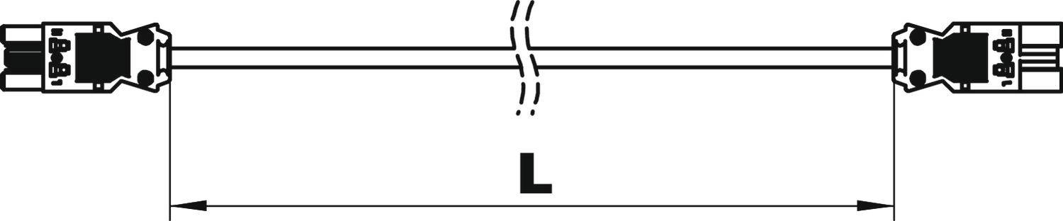 Diagramm eines Kabels mit Steckverbindern an beiden Enden, durchgestrichen in der Mitte, gekennzeichnet mit 'L' zur Längenangabe.