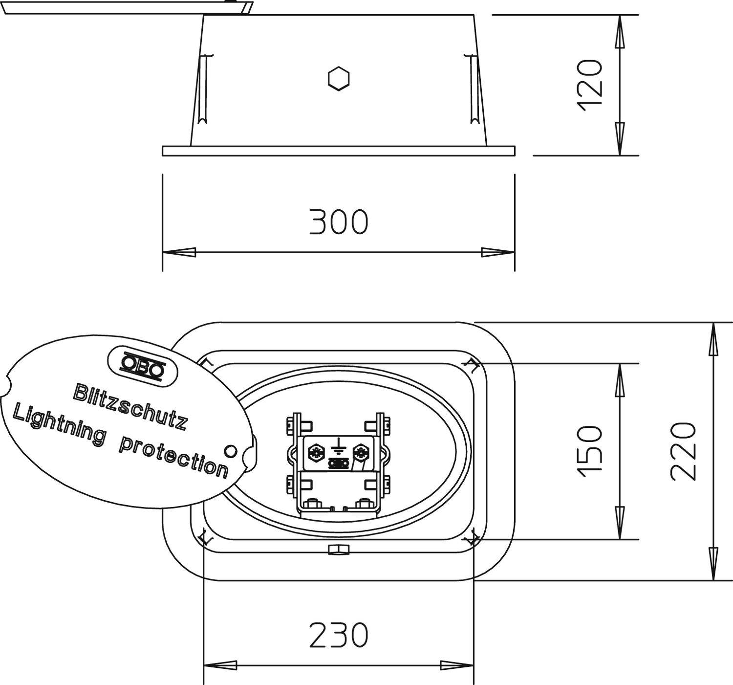 Technische Zeichnung einer Blitzschutzvorrichtung mit Maßen: Breite 300 mm, Höhe 120 mm oben, Breite 230 mm, Höhe 220 mm unten.