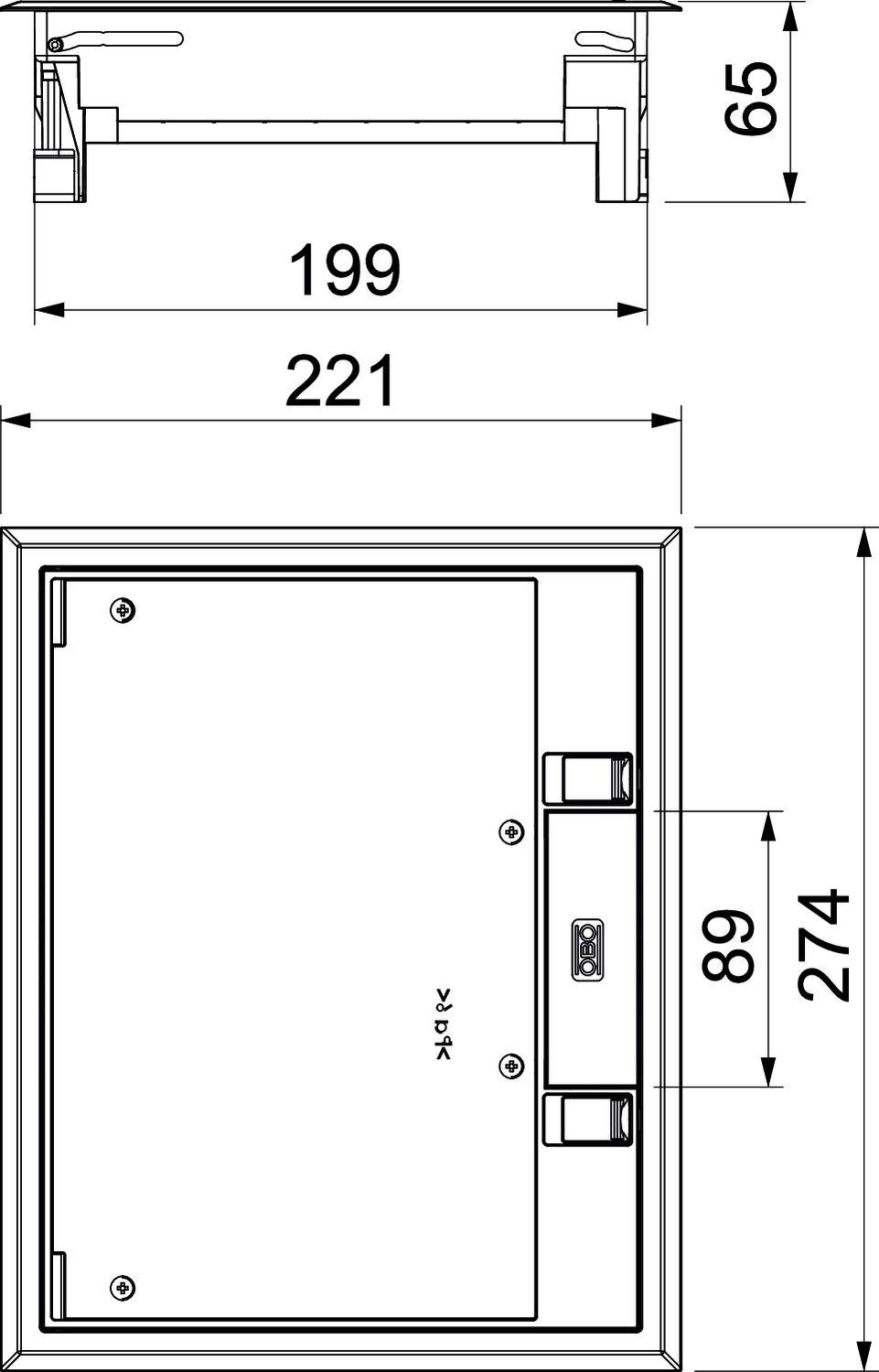 Technische Zeichnung einer rechteckigen Vorrichtung mit Maßen: Breite 221 mm, Tiefe 65 mm, Höhe 274 mm. Zeigt Positionen von Schrauben.
