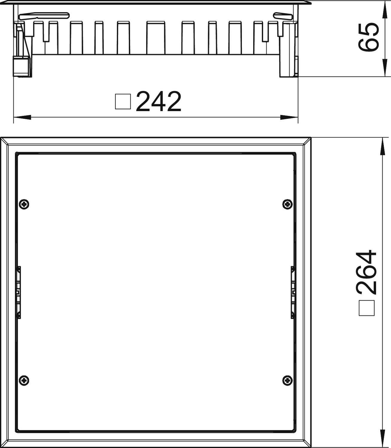 Technische Zeichnung eines quadratischen Geräts mit den Maßen 242 mm Breite, 264 mm Höhe und 65 mm Tiefe.