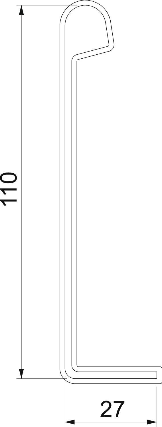Technische Zeichnung eines Hakens mit den Maßen 110 mm in der Höhe und 27 mm in der Breite.
