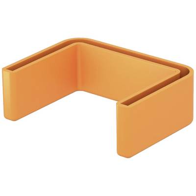 Ein orangefarbener, L-förmiger Buchstütze aus Kunststoff auf weißem Hintergrund.