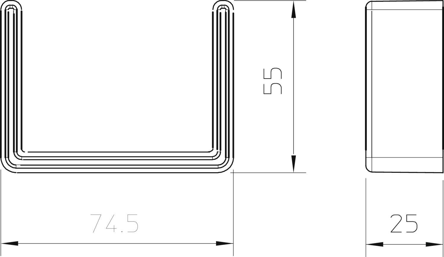 Technische Zeichnung eines U-förmigen Metallprofils. Maße: Höhe 55 mm, Breite 74,5 mm, Tiefe 25 mm.