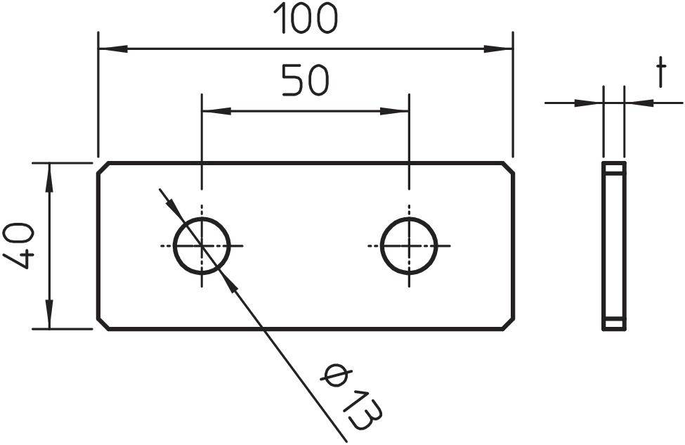 Technische Zeichnung eines rechteckigen Bauteils, 100x40 mm, mit zwei Bohrungen, Ø13 mm, im Abstand von 50 mm. Seitenansicht zeigt Dicke 't'.