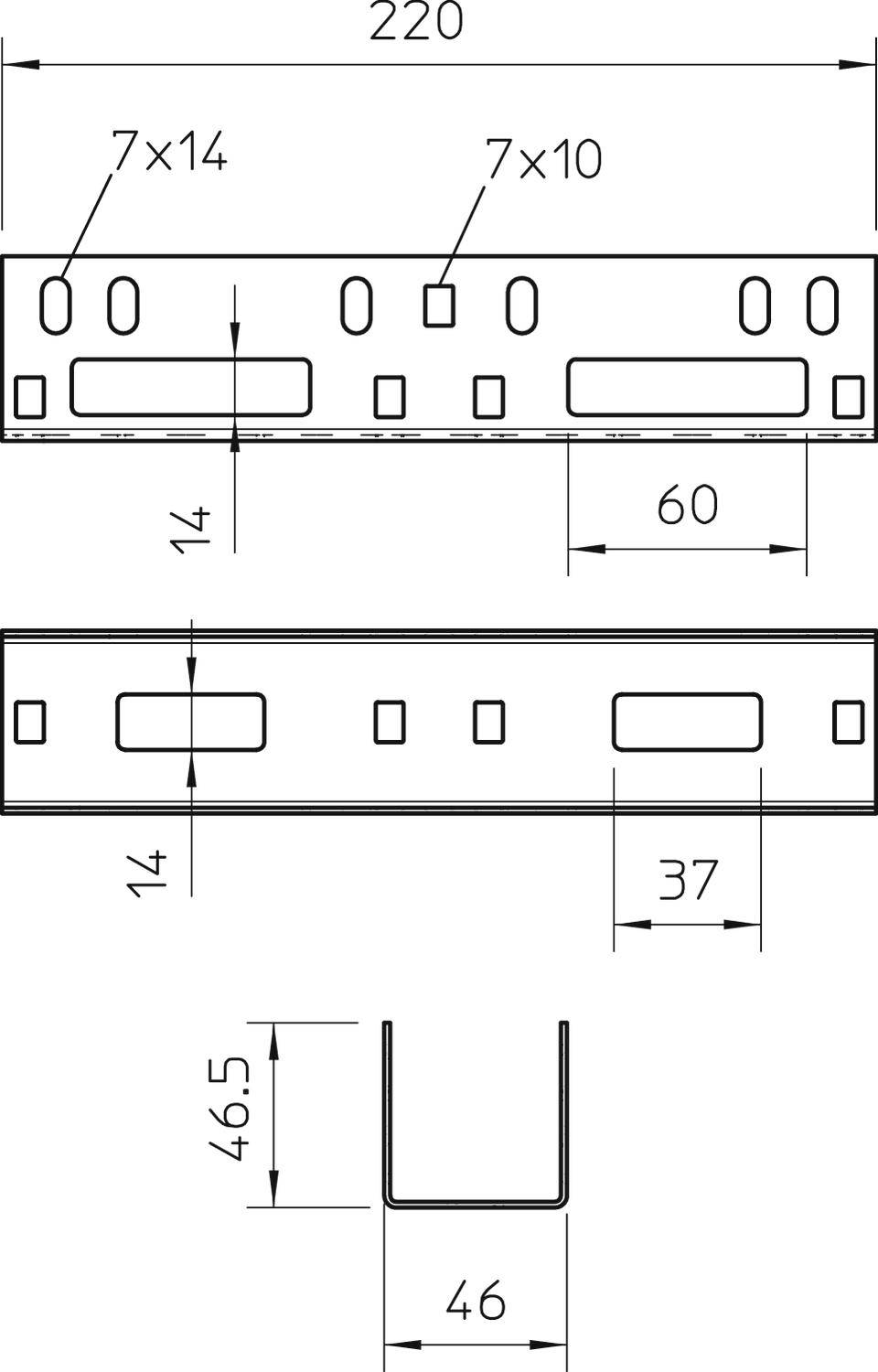 Technische Zeichnung eines Metallprofils mit Maßen. Oben: Länge 220, Breite 60, Löcher 7x14 und 7x10. Unten: Querschnitt 46x46, Höhe 46,5.