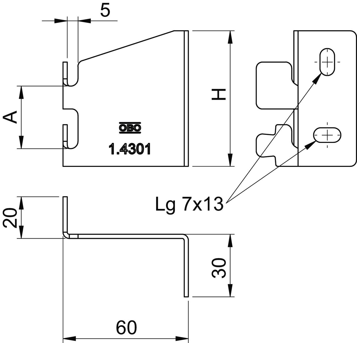 'Technische Zeichnung eines Metallprofils mit Bemaßungen: Gesamtbreite 60 mm, Höhe 30 mm, zwei ovale Löcher, Abstand 20 mm.'