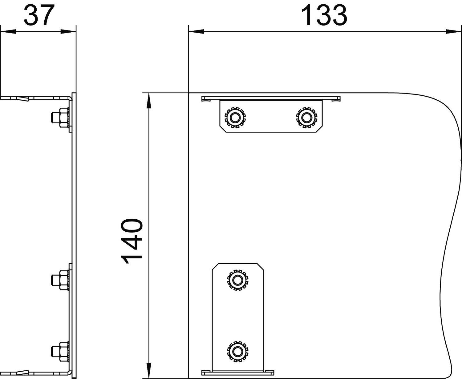 Technische Zeichnung eines Bauteils mit Maßen: Breite 133 mm, Höhe 140 mm, Tiefe 37 mm. Schrauben und Befestigungen sind sichtbar.