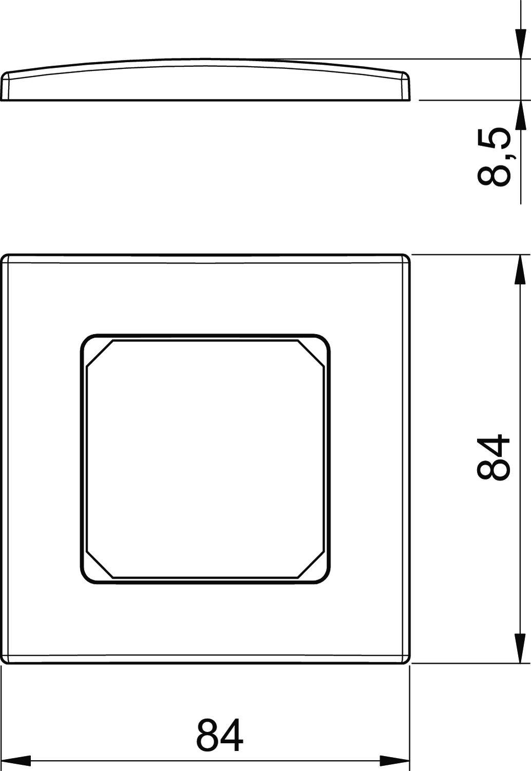 Technische Zeichnung eines quadratischen Schalters mit Maßen 84mm x 84mm und einer Höhe von 8,5mm.