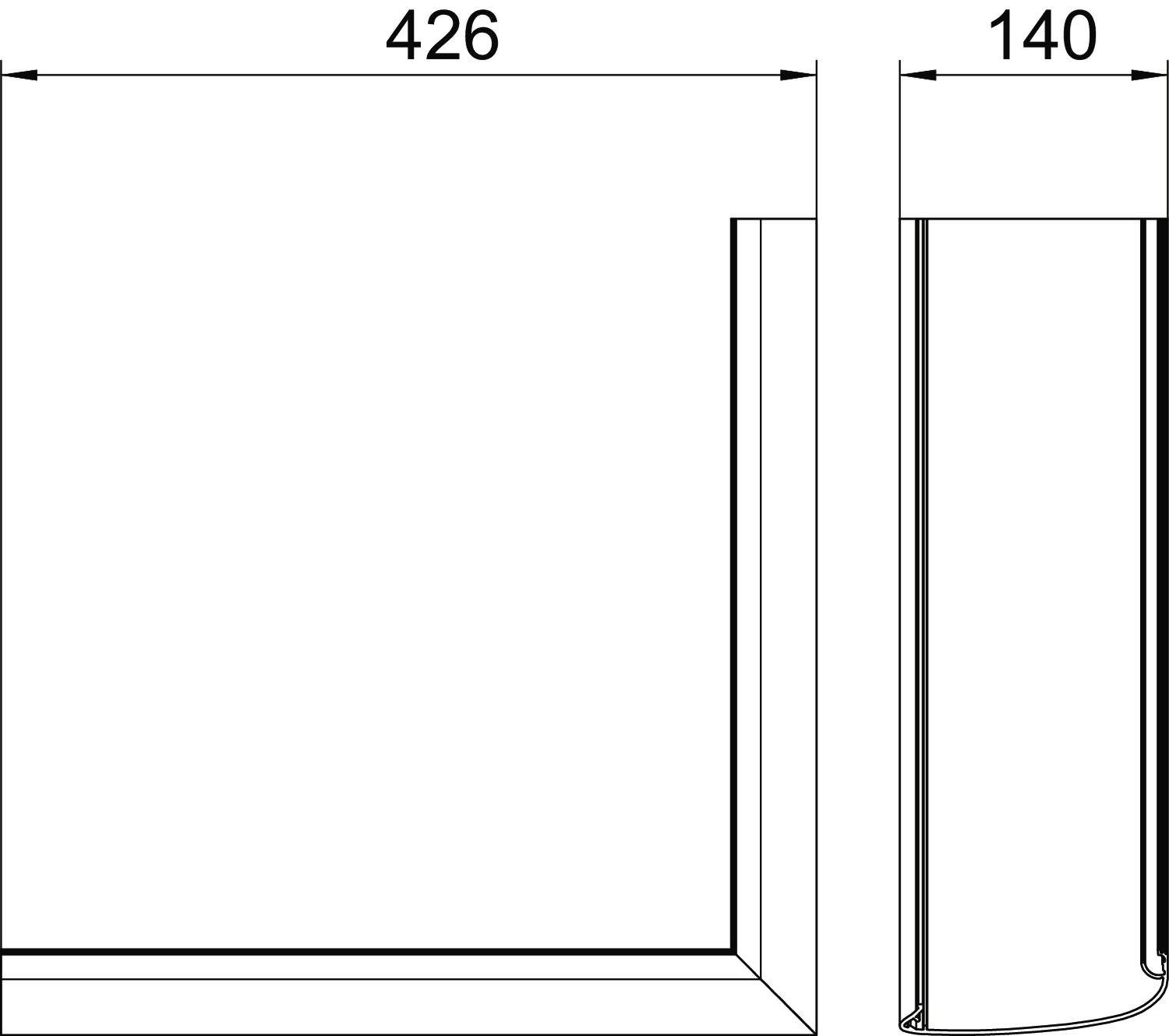 Technische Zeichnung eines L-förmigen Profils mit Maßen: 426 mm Breite und 140 mm Höhe, perspektivische und Seitenansicht.