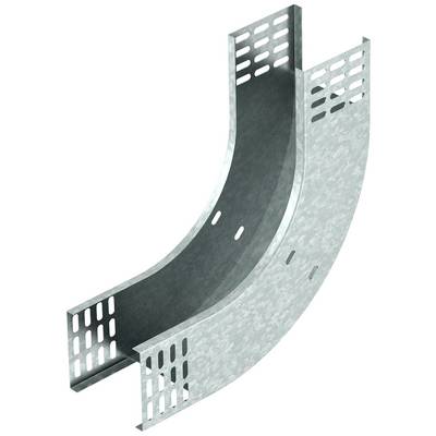 Metallische Kabelrinne, gebogen, mit gelochter Struktur für Kabelverlegung und Belüftung. Ideal für industrielle Anwendungen.