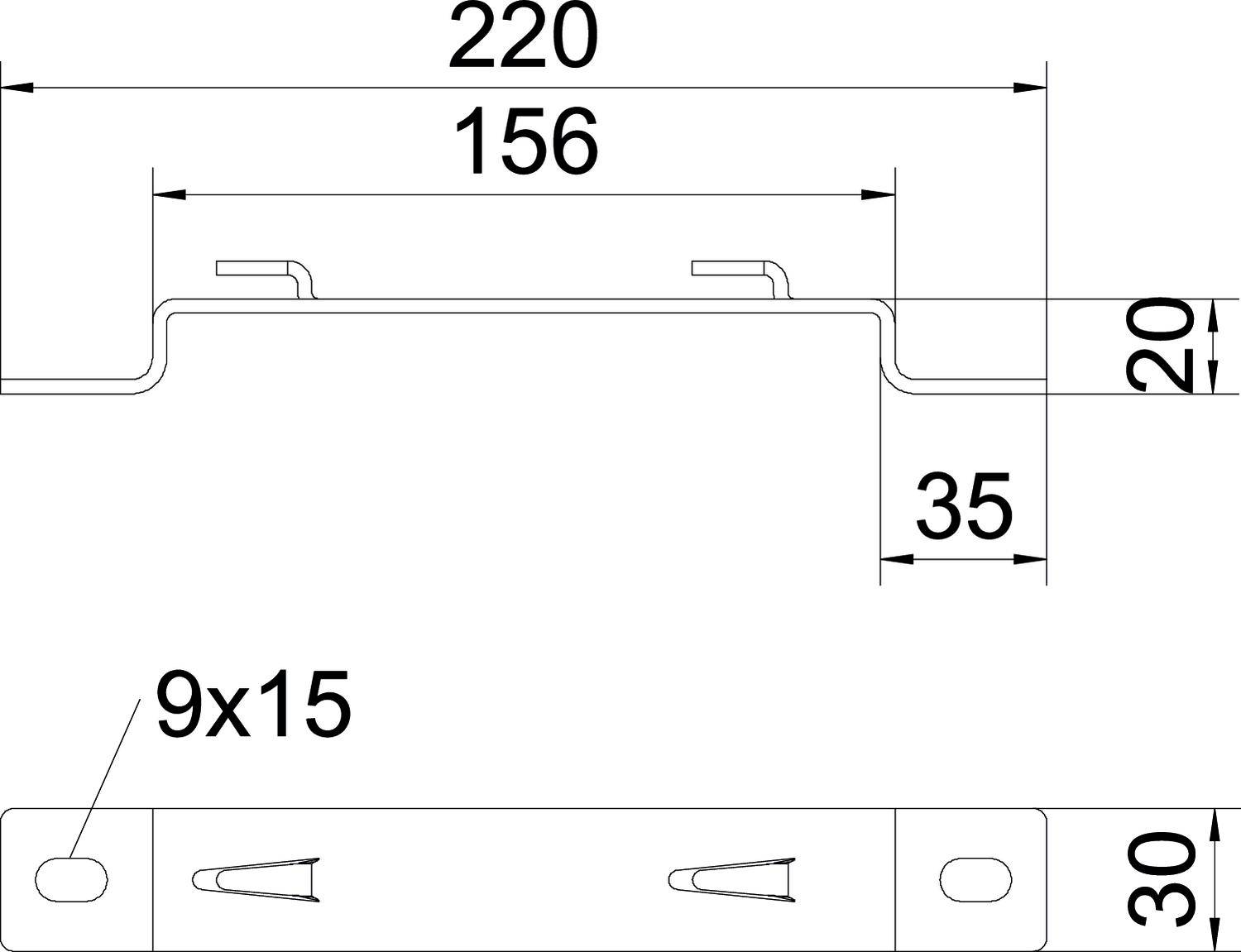 Technische Zeichnung eines metallischen Halters. Gesamtbreite 220 mm, Höhe 35 mm, Tiefe 30 mm. Löcher 9x15 mm zur Befestigung.