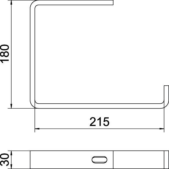 Technische Zeichnung einer Metallwinkelleiste. Maße: 180mm Höhe, 215mm Breite, 30mm Sockel. Geeignet für Bauplanung.