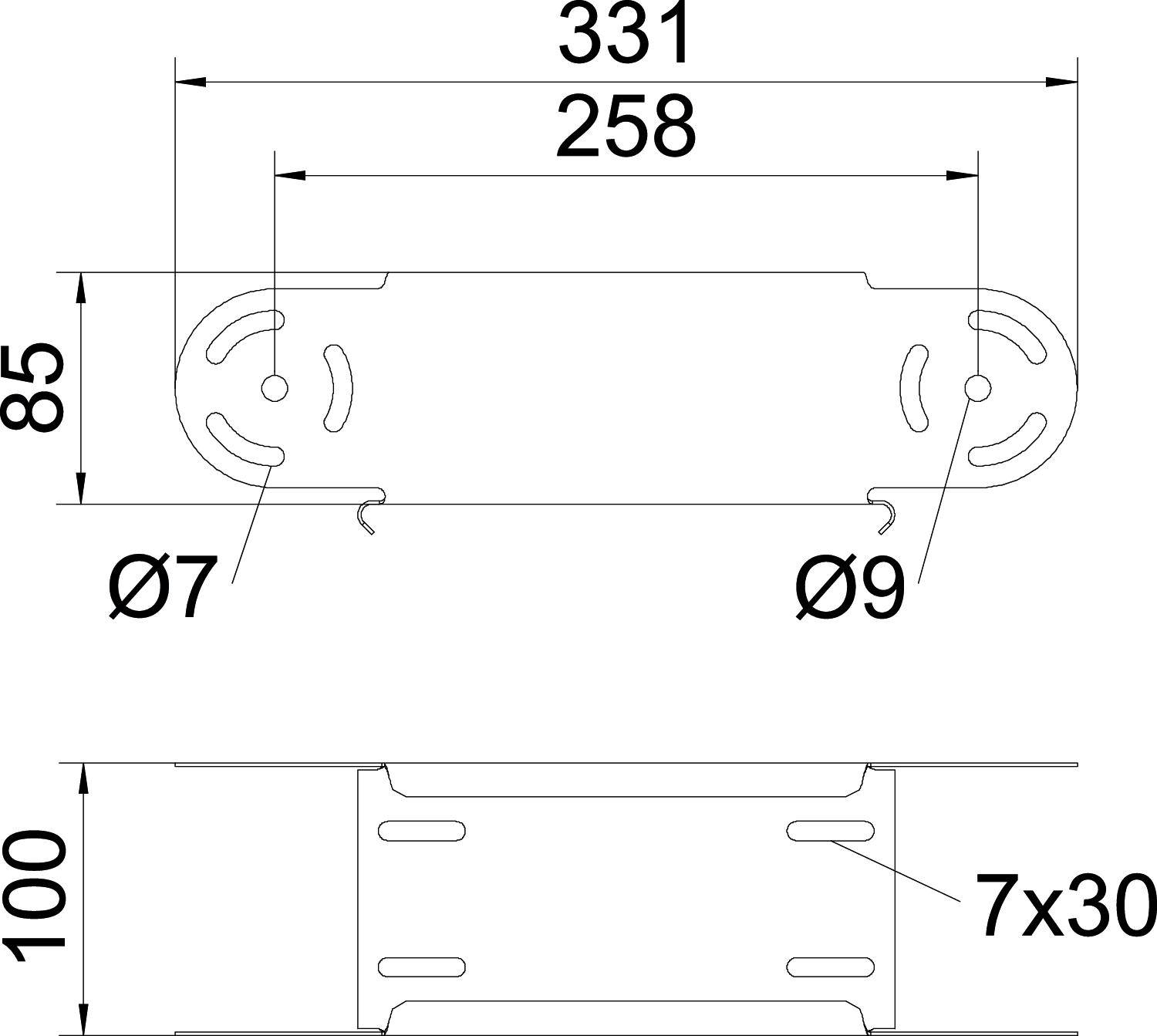 Technische Zeichnung eines Metallteils mit Maßen: Gesamtbreite 331 mm, Bohrungsdurchmesser 7 mm und 9 mm, Höhe 85 mm und 100 mm.