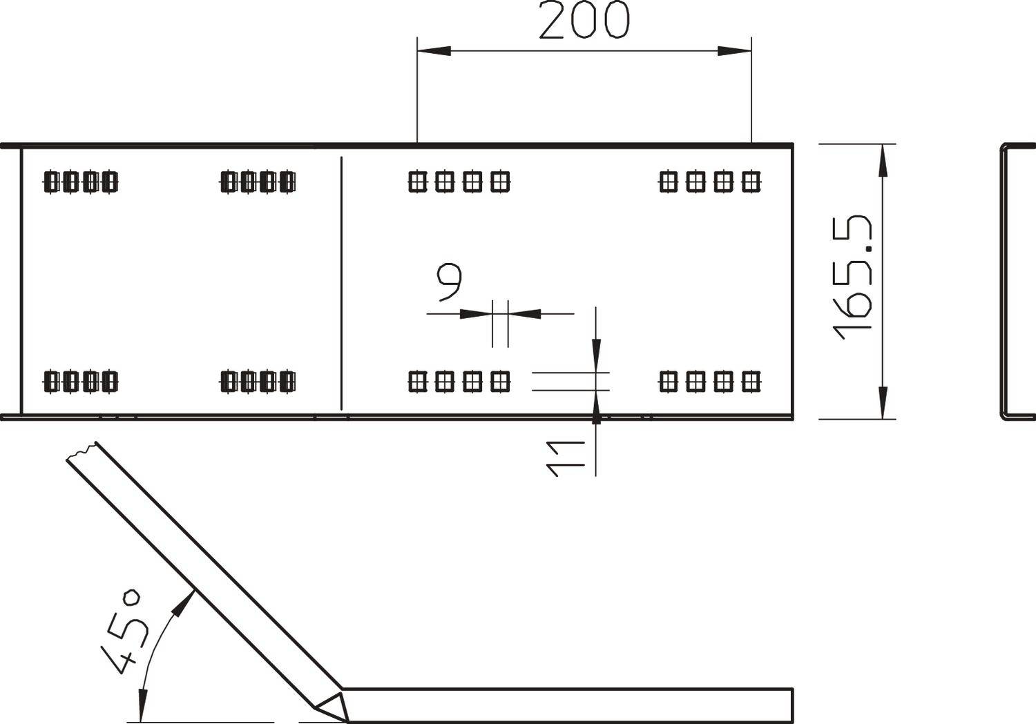 'Technische Zeichnung eines rechteckigen Bauteils mit den Maßen 200 x 165,5 mm. Detailansicht eines 45° Winkels und Bohrlochplatzierung.'