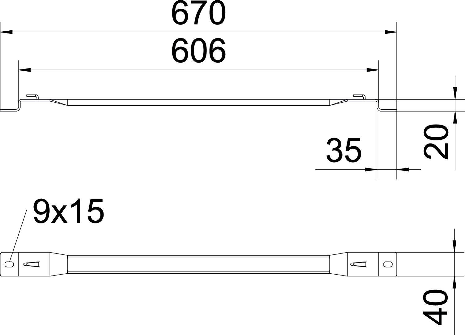 Technische Zeichnung einer Metallstange mit Maßen: Gesamtlänge 670 mm, mittlerer Abschnitt 606 mm, Breite 35 mm, Höhe 20 mm, Löcher 9x15 mm.