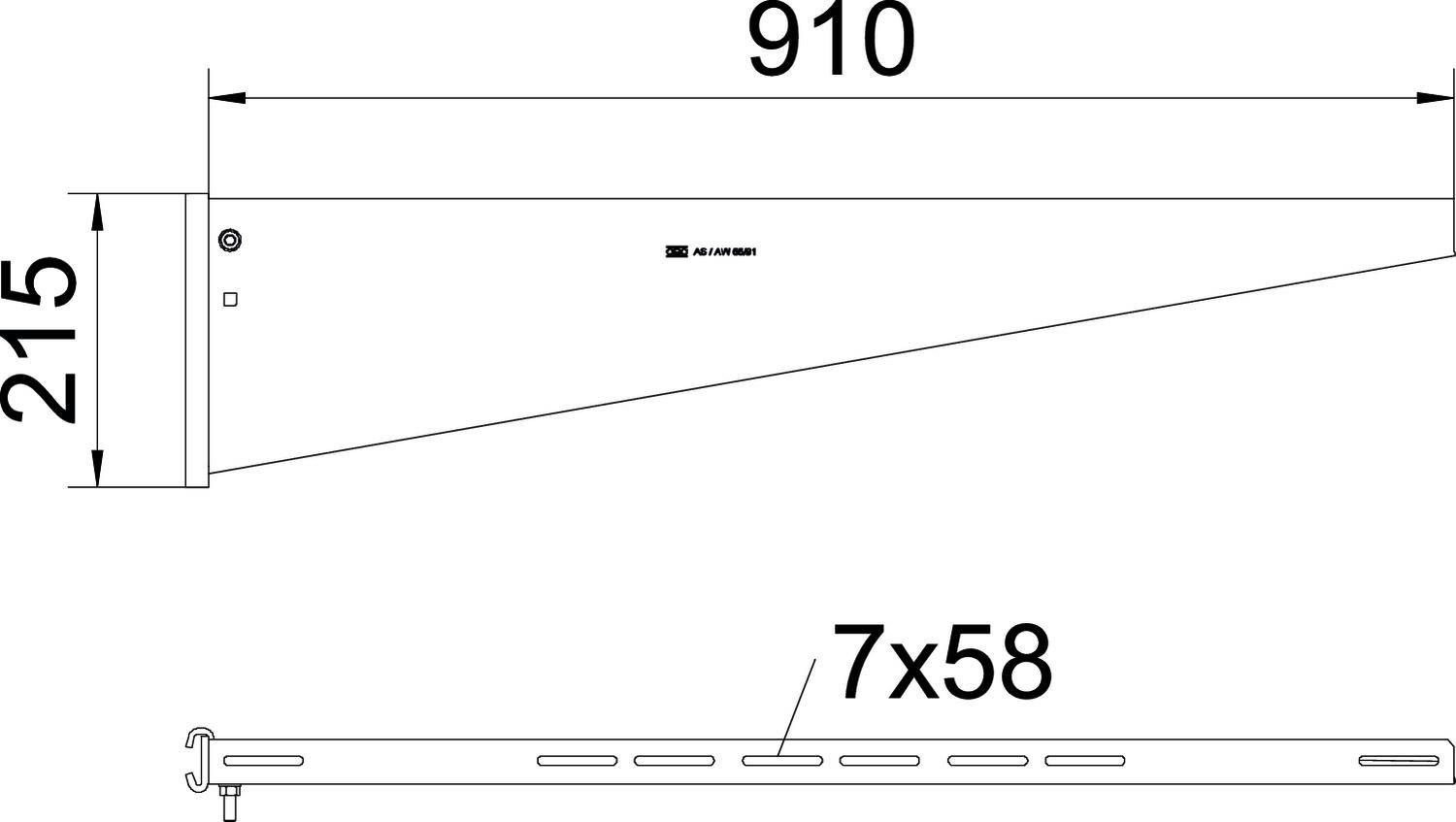 Technische Zeichnung einer Halterung mit zwei Maßen: Höhe 215 mm und Länge 910 mm. Seitlich sind 7 Löcher in der Halterung gezeigt.