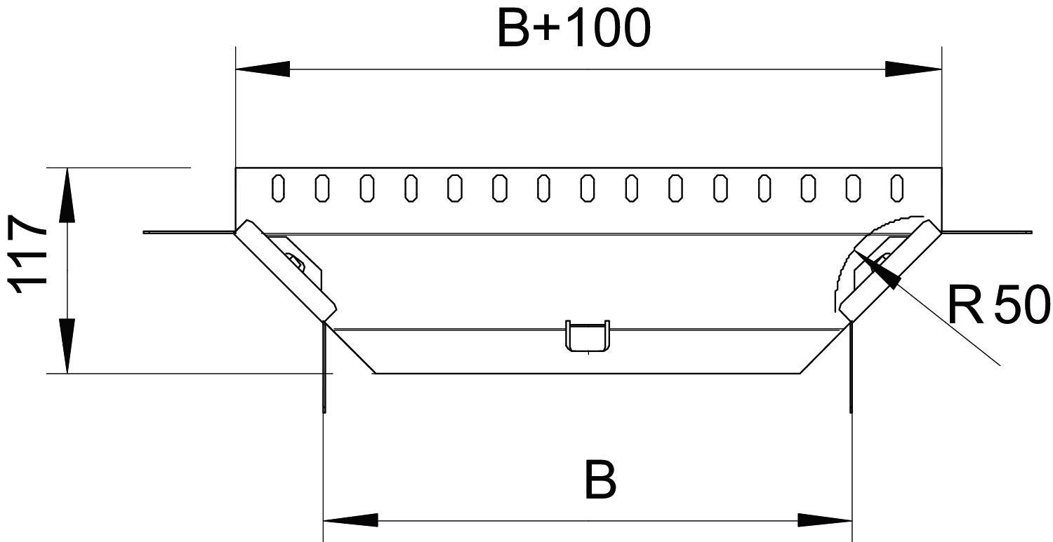 Technische Zeichnung einer Rinne mit Maßen: Breite 'B', Höhe 117 mm, Radien R 50, Breite plus 100 mm. 