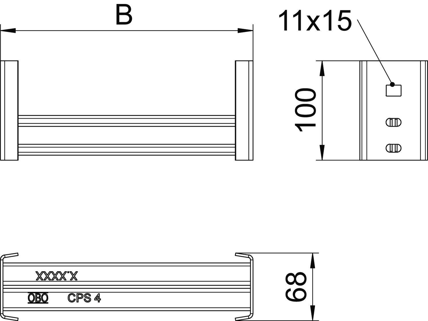 Technische Zeichnung eines rechteckigen Metallprofils mit Maßen: Breite 'B', Höhe 100 mm, Tiefe 68 mm. Schraublöcher '11x15'.