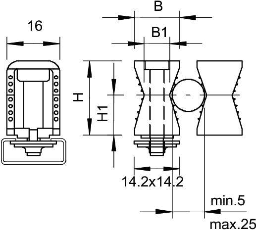 'Technische Zeichnung eines Verbindungsstücks mit Maßangaben: 16, B, B1, H, H1, 14.2x14.2, min. 5, max. 25.'