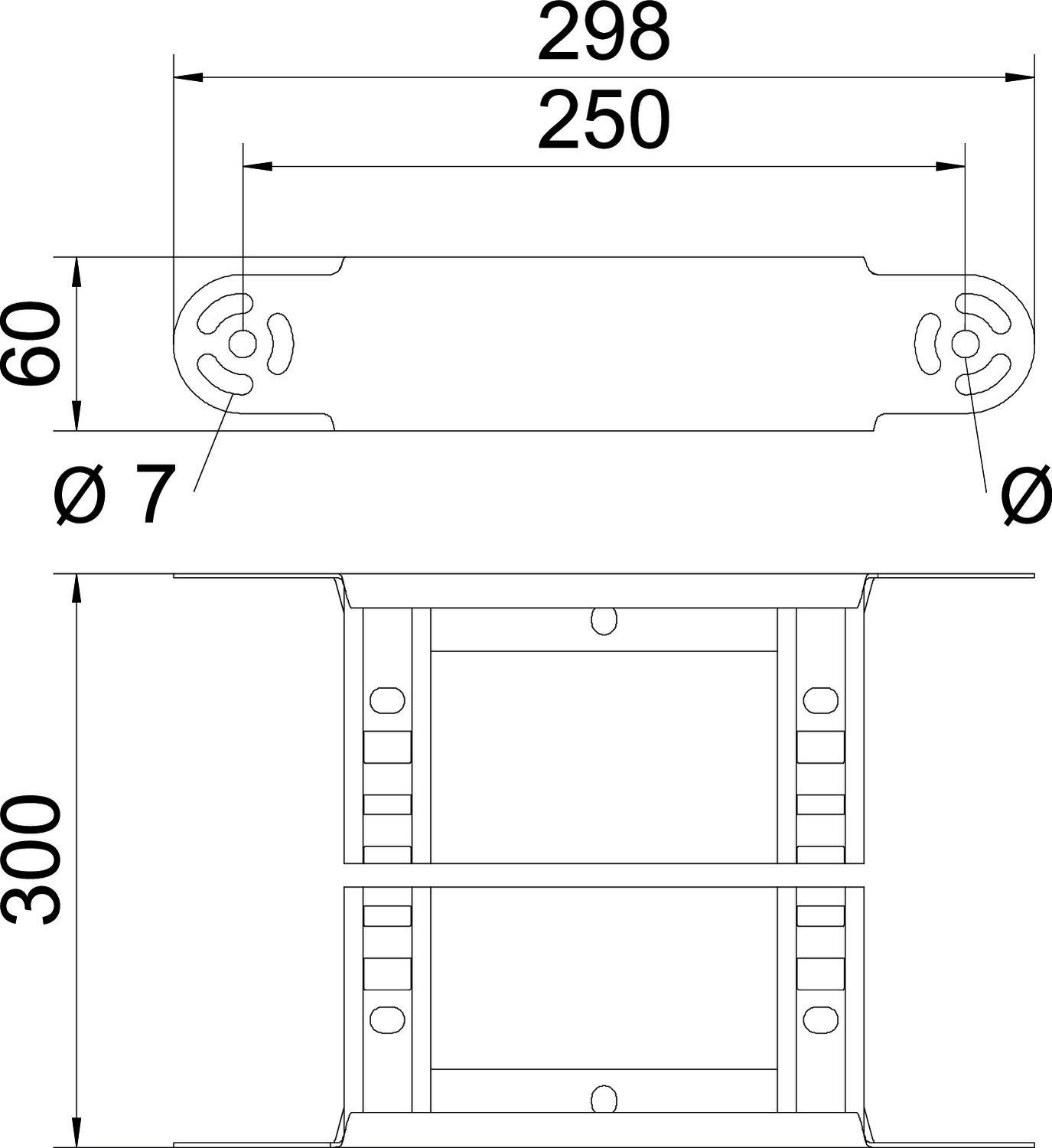Technische Zeichnung eines Metallträgers mit Maßangaben: Länge 298 mm, Breite 250 mm, Höhe 300 mm, Lochdurchmesser 7 mm, Breite 60 mm.