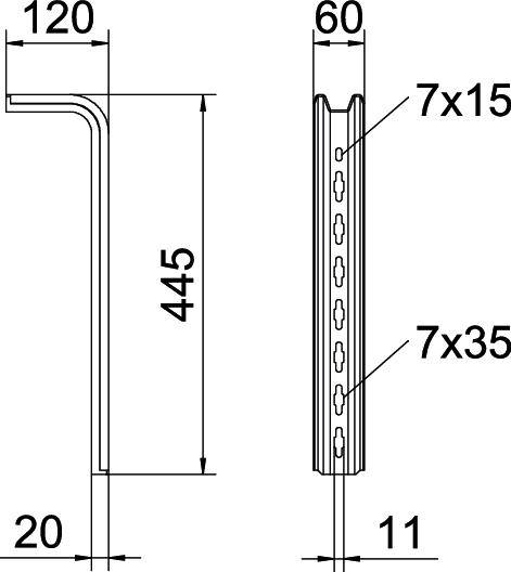 'Seitenansicht und Vorderansicht eines Metallprofils mit Bemaßungen: 120x445x20 mm, 60x11 mm; Lochgrößen 7x15 mm und 7x35 mm.'